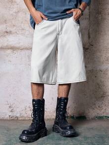 Skyrend Men White Summmer Streetwear City Break Vintage Loose Wide Leg Denim Shorts,Rivet Design,Letter,Music Note & Smiling Face Prints Casual Daily Wear - White - View 5