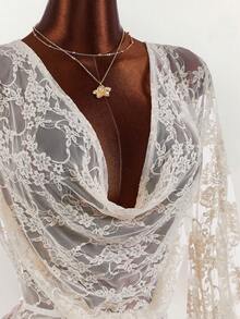 Amplova Plunging Neckline Long Sleeve Fully Sheer Sexy Elegant Ruffle Hem Bodycon Backless Mini Dress For Women Night Out Cream Autumn - Apricot - View 9