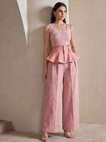 Anewsta Spring/Summer Dusty Pink High-Waist Ruffle Hem Casual Elegant Commute Date Everyday Versatile Wide Leg Women's Jeans - Pink - View 4