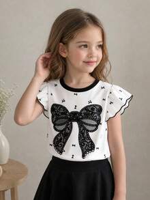 SHEIN Elladie kids Young Girl' Cute Ruffle Trim Short Sleeve T-Shirt, Suitable For Daily Outings And Vacation, Summer - White - View 2