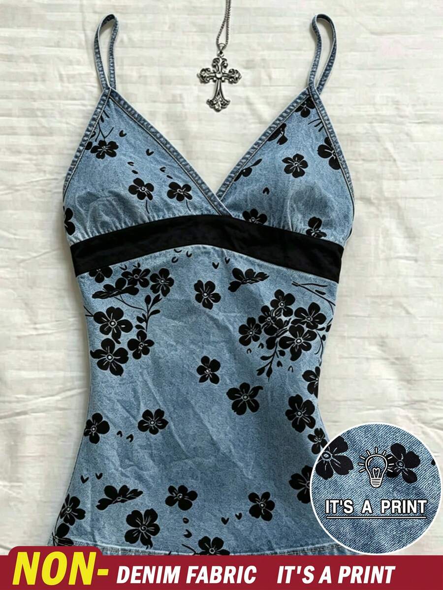 INAWLY Débardeur camisole plissé à imprimé floral et couleurs contrastées pour femmes, idéal pour les vacances et les rendez-vous - Multicolore - Voir 1