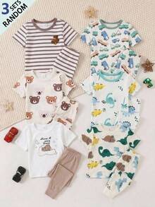 SHEIN Baby Boy Snug Fit Cartoon Bear Striped Pattern Skin-Friendly Soft Comfortable Home Pajama Set 6pcs - Multicolor - View 3