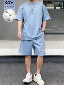 SHEIN 2件組青少年男孩休閒寬鬆舒適Logo裝飾短袖上衣與短褲套裝，春夏款 - 藍色 - 查看 1