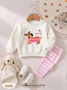 Cozy Pixies 2件組女嬰幼兒/新生兒0-3歲秋冬休閒日常趣味臘腸狗圖案圓領運動衫+粉色條紋長褲套裝 - 彩色 - 查看 4