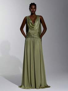 Elitara Elegant Luxurious Beaded Sequin Cowl Neck Back Flutter Sleeve Tassel Elastic Knit Mesh Ruched Bandeau Full Skirt Dress With Strapless Piece For - Army Green - View 6