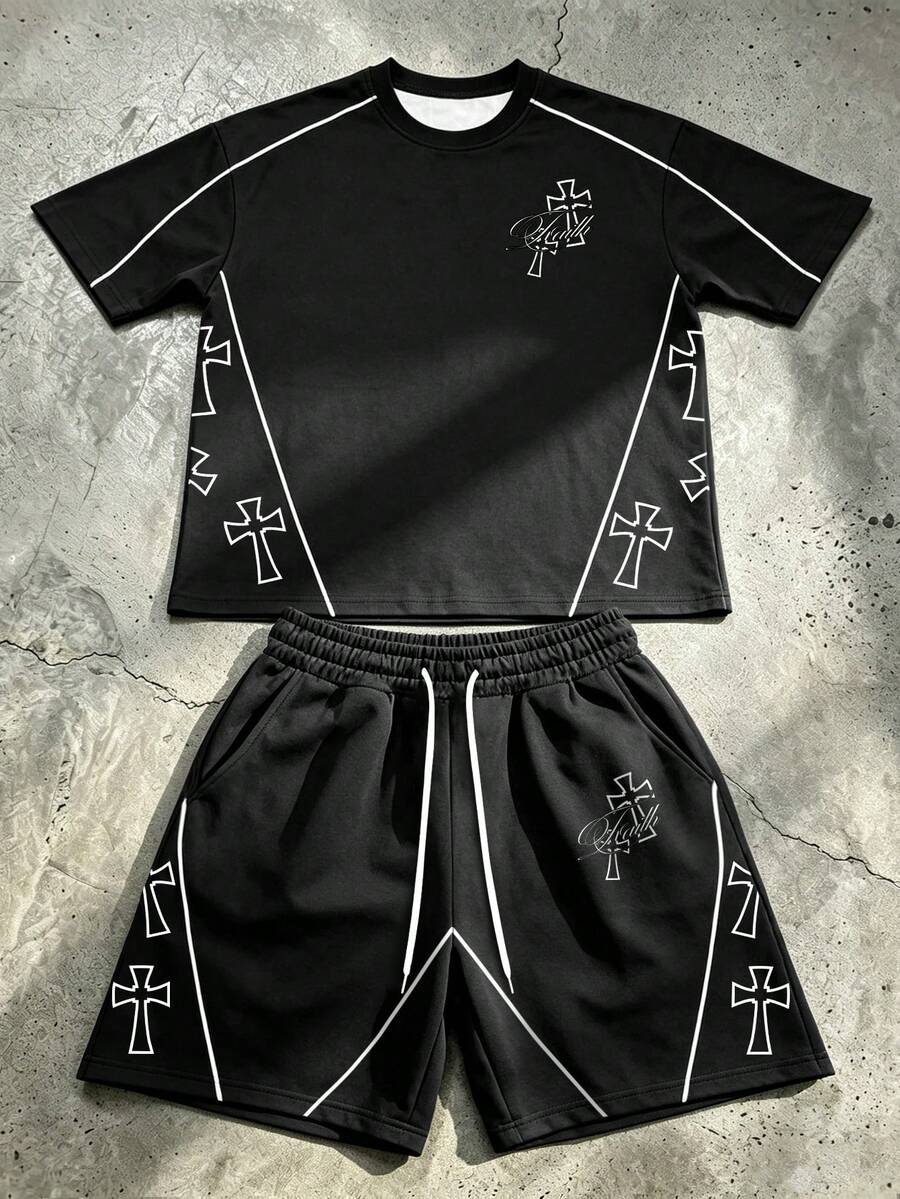 Manfinity EMRG 男士黑色2件式運動套裝,復古Y2K暗黑哥德街頭風白色線條十字印花短袖上衣與抽繩短褲,夏季休閒度假音樂節演唱會夜店派對健身套裝 - 彩色 - 查看 1