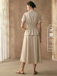SHEIN Conjunto de 2 piezas para mujer de tejido con cuello en V, mangas murciélago, cintura ceñida, estilo casual elegante para ir al trabajo, citas y vacaciones - Albaricoque - Ver 3