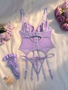 Crystal Vow 3pcs Purple French Elegant Floral Embroidery Sheer Mesh Sexy Lingerie Set,Summer Evening Night Backless Tie-Up Camisole For Women Newlywed Honeymoon - Purple - View 7