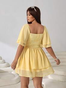 Solflare Plus Size Solid Color Shirred One-Piece Short Romper Dress For Vacation - Yellow - View 2