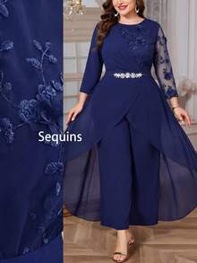 Reflora Mono elegante de fiesta talla grande con decoración floral 3D y patchwork de malla - Azul - Ver 8