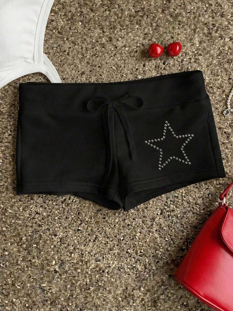 Attitoon Women's Drawstring Waist Star Pattern Slim Fit Shorts - Black - View 1