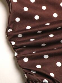 Tween Girl Elegant Commuter Fitted Sleeveless Asymmetric Neck Metal Buckle Flower Decor Pleated Midi Dress Brown And White Polka Dot Tea Party - Brown - View 8