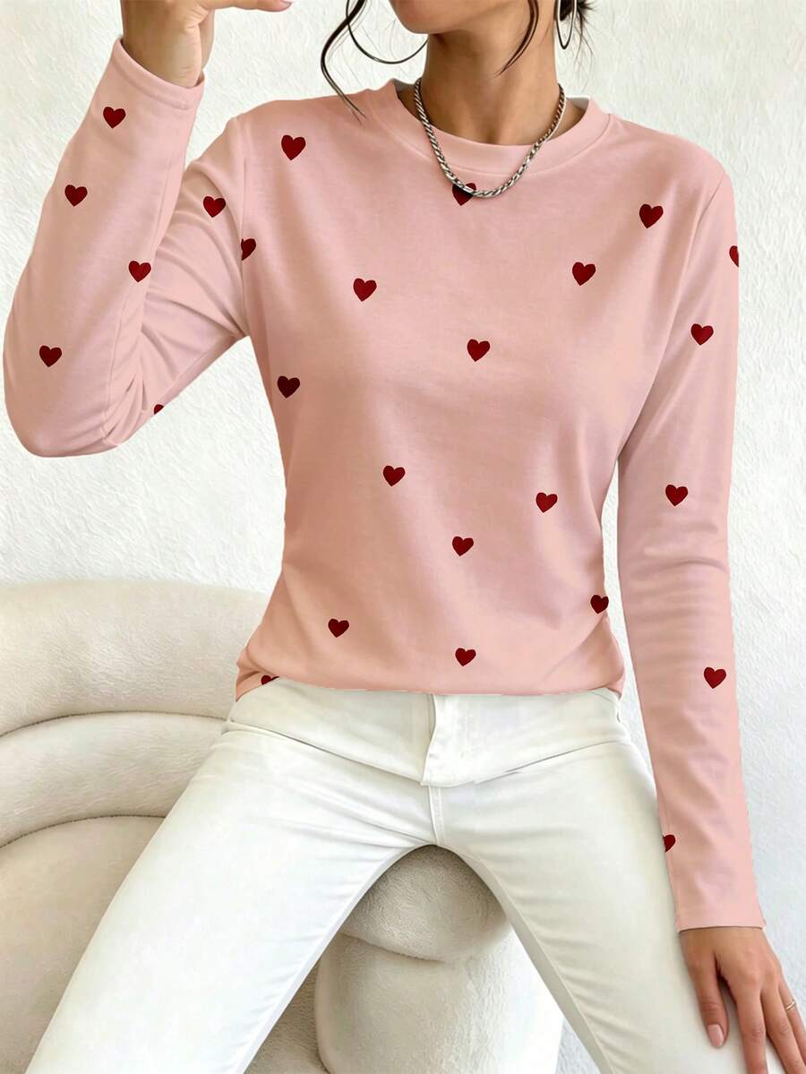 EMERY ROSE Women's Plus Size T-Shirt With Heart-Shaped Pattern, Long Sleeve, Casual Style, Party-Ready Round Ne - Multicolor - View 1