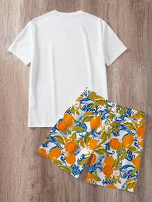 Manfinity Joysei Men's Fruit Print Short Sleeve T-Shirt And Shorts Casual Set - Orange - View 2