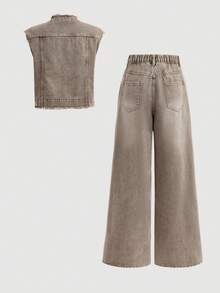 SHEIN 2Pcs Teen Girls Loose And Comfortable Khaki Denim Unbuttoned Jacket And Simple Jeans For Dailywear Birthday Summer Streetwear - Khaki - View 2