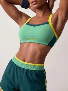 Powerista Green Colorblock Yellow Wide Shoulder Straps Sports Bra And Women's Gym Shorts Set For Running & HIIT Workout Women Summer Gym Sets - Green - View 11