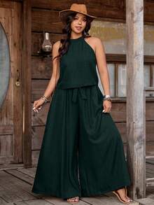 Nubod Plus Size Denim Effect Halter Top + Wide Leg Pants 2 Pieces Set - Dark Green - View 5