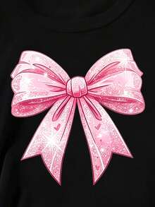 Elladie kids Girls' Fresh Fashion Cute Glitter Pink Bow & Heart Pattern Basic Black Short Sleeve T-Shirt, Comfortable Daily Wear For All Seasons - Black - View 5