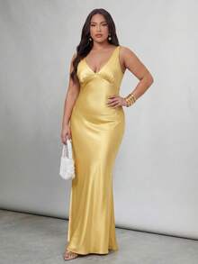 SHEIN Tall CURVE CURVE 大尺碼黃色夏季優雅性感婚禮正式早午餐賓客禮服，高個女性深V領露背魚尾長款派對晚禮服 - 淡黃色 - 查看 12