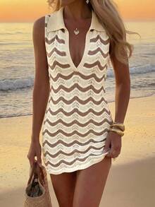 SHEIN Swim Women's 2026 New European American Fashion Knit Beige Lapel Design Slimming Sleeveless Contrast Color Daily Dress Elegant Tropical Boho Beach Vacation - Multicolor - View 5