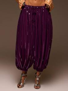 MUSERA Purple Chiffon Sequin Balloon Leg Drawstring Waist Pant - Purple - View 2