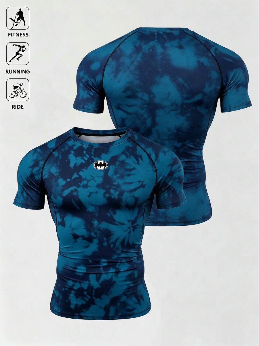 BATMAN X SHEIN Gym Rark Men's Round Neck Tie-Dye Pleated Slim Fit Versatile Daily Casual Sports T-Shirt - Multicolor - View 1