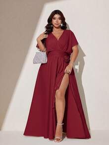 Viva Relle Plus Size Women's Summer Deep V-Neck Cinched Waist A-Line Dress With Ruffle Trim Short Sleeve Long Dress For Outings, Parties, Elegant Gatherings And Weddings - Burgundy - View 4