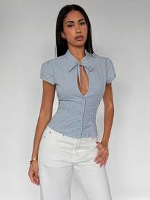 TRNVIE Women's Summer Casual Plaid Hollow Out Shirt - Blue - View 4