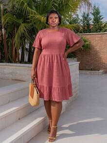 CurvyTilda Plus Size Summer Solid Color Textured Ruffle Hem Casual Vacation Dress, Western Wear, Festival Boho Hippie Cowgirl Outfit Old Money Bohemian Elegant - Dusty Pink - View 5