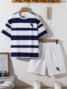SHEIN Kids 2pcs/Set Tween Boy Casual Striped Logo Print Short-Sleeved T-Shirt Solid Color Shorts Two Pieces Suit, Suitable For Outdoor Summer Suitable For School, Garden, Beach, Birthday Spring, Summer - Blue and White - View 3