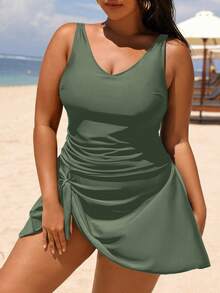 Swim Lushoire Plus Size Fashionable Side Tie Ruched One-Piece Swimsuit Summer - Army Green - View 3