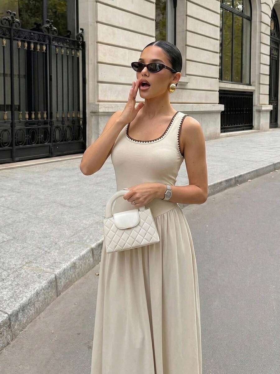 Firerie Damen Kontrastfarbiger Ausschnitt Minimalistisches Lässiges Ärmelloses Kleid - Aprikosenfarben - Übersicht 1