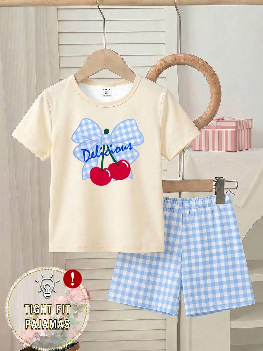 SHEIN 2件組女款青少年春夏新款時尚櫻桃格紋蝴蝶結印花圓領套頭短袖上衣搭配簡約經典藍色格紋短褲,針織高彈力面料,修身舒適休閒粉色短袖短褲兩件套居家服 - 彩色 - 查看 1