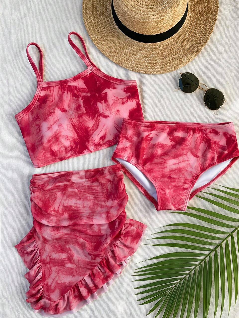 3pcs Printed Camisole Tank Swimwear Set For Young Girl Summer