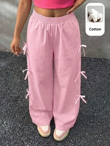 SHEIN Tween女孩編織純色寬鬆休閒可愛長褲返校季粉色秋季 - 粉色 - 查看 3