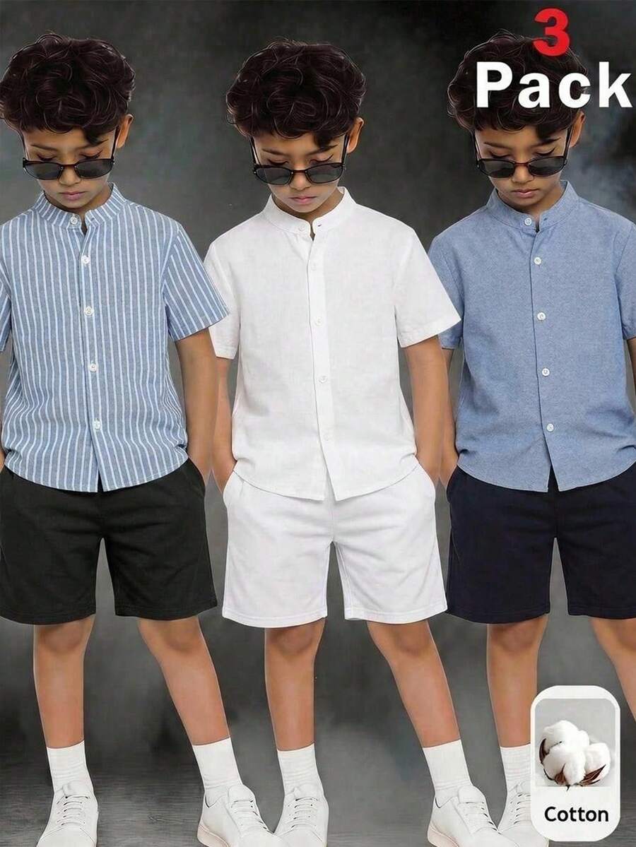 3pcs Kids Tween Boy Casual Vacation Solid Color Patchwork Contrast Color Stand Collar Striped Pattern Button-Up Short Sleeve Loose Shirt Multi-Pack 3 Styles 1 Each 3-Piece Set Suitable For Commuting School Daily Casual Vacation Travel Sports Spring Summer Autumn Winter