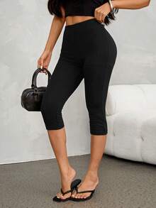 SHEIN PETITE 女款 95% 棉 Caprileggings - 黑色 - 查看 9