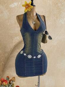 Soleia Women's Rivet Design Deep V Sexy Y2k Halter Neck Denim Mini Dress Going Out Night Out Club Blue And Yellow Fall - Multicolor - View 9