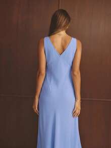 Aralina Women's Solid Color V-Neck Casual Party Dress - Blue - View 2