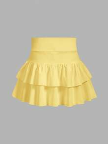 SHEIN Girlism Tween Girl Tween Girls Knitted Solid Color Cute Ruffle Layered Built-In Shorts Mini Skirt, Y2K, Fashionable Personalized - Yellow - View 2