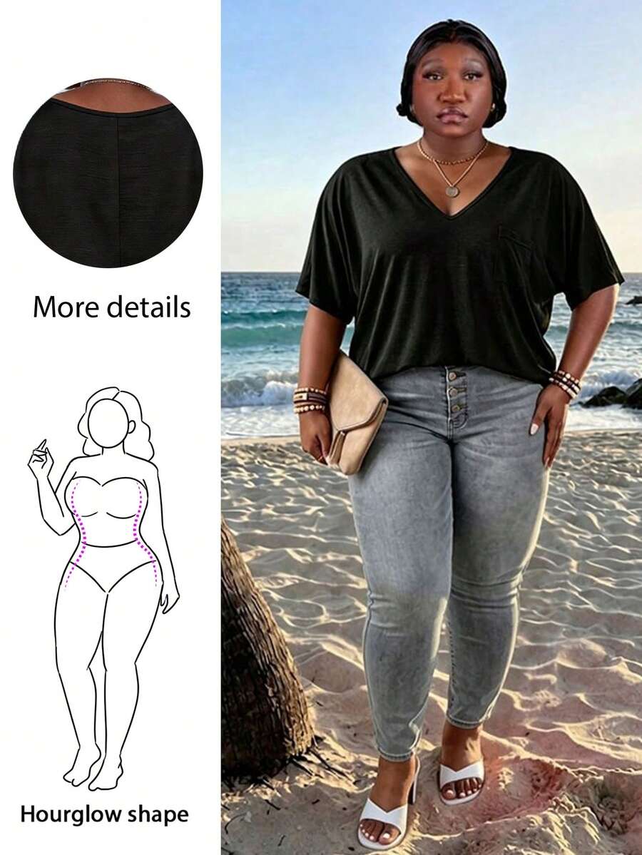 CurvyTilda 大尺碼純色蝙蝠袖口袋拼接休閒夏季黑色T恤 - 黑色 - 查看 1