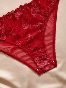 Charlaine Plus Size Charismatic Leading Lady Series Rose Embroidery Patchwork Underwire Bra & Panty Set - Red - View 4