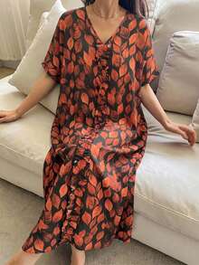 DAZY Leaf Print All-Over V-Neck Short Sleeve Loose Long Dress Summer Outfit Women's Nightgown Pajamas - Orange - View 4