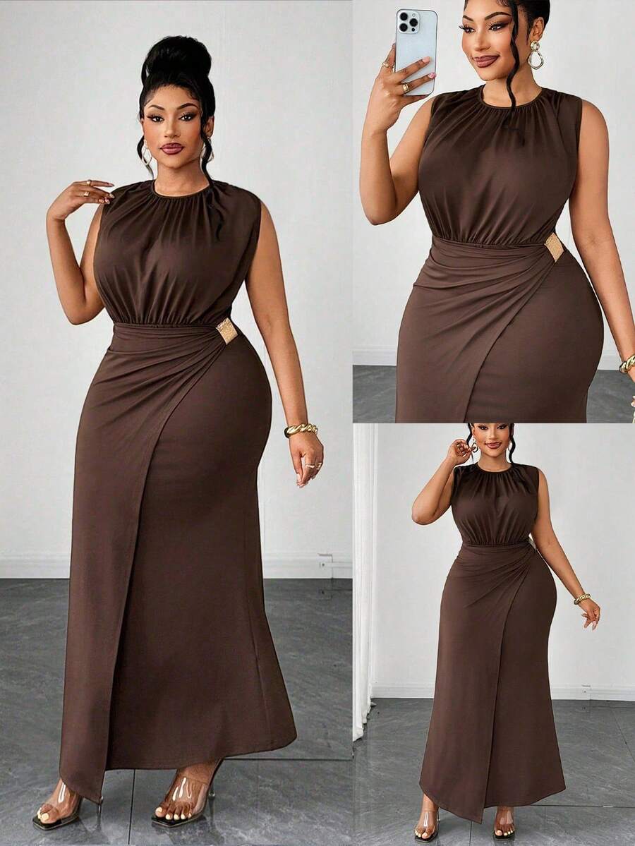 Maweii Plus Size Women Sleeveless Round Neck Metal Waist Midi Dress - Coffee Brown - View 1