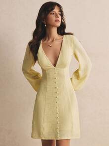Poéselle Women's Jacquard  V-Neck Lantern Sleeve  Short Dress,Elegant Dresses,Casual Dresses, Work Outfits, Vacation Outfits,Autumn/Winter Outfit - Light Yellow - View 5