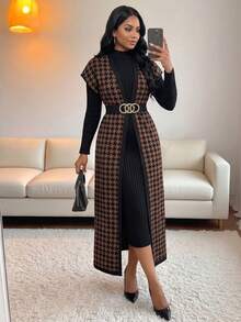 SHEIN Lady 女款棕色千鳥格撞色條紋開襟外套背心上衣 春夏秋百搭單品 大尺碼夾克 - 棕色 - 查看 1