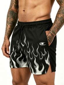 GymBeat Men's Flame Print Drawstring Waist Pocket Sports Shorts - Multicolor - View 3