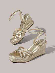 Styleloop Sandal Platform Hak Wedges Wanita, Sandal Kasual Pantai Ujung Persegi Kecil dengan Tali Rami Modis di Bagian Bawah, Cocok untuk Liburan Musim Panas - Emas - View 6