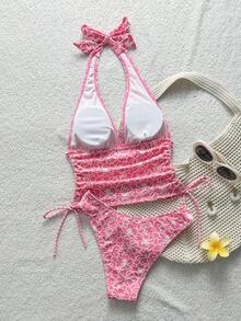 Swim Mod 女款 2 件式紋理多色可愛印花布料細肩帶綁帶比基尼套裝，三角褲底，熱銷海灘度假休閒優雅情人節派對背心吊帶比基尼套裝，適合假期海灘穿搭 - 彩色 - 查看 3