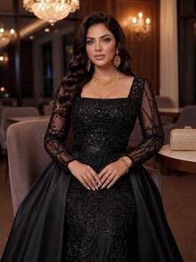 Auveirra 大码优雅奢华黑色方领长袖连衣裙，饰以珍珠和水钻，适合婚礼、派对、庆典、正式晚宴及其他场合。 - 黑色 - 查看 5